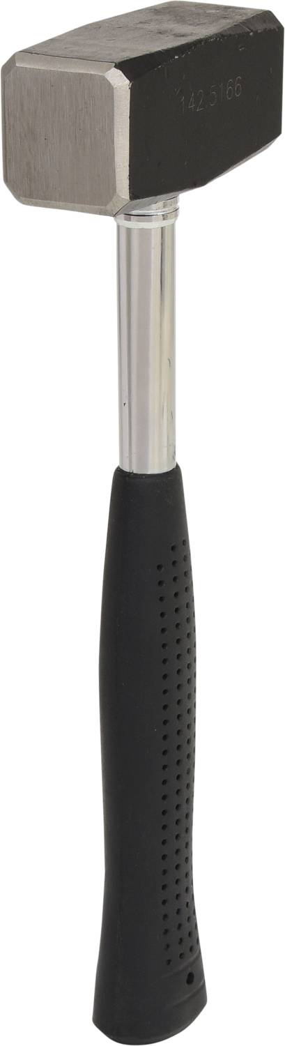 A black hammer with a silver metal head and black handle, standing upright on its head.