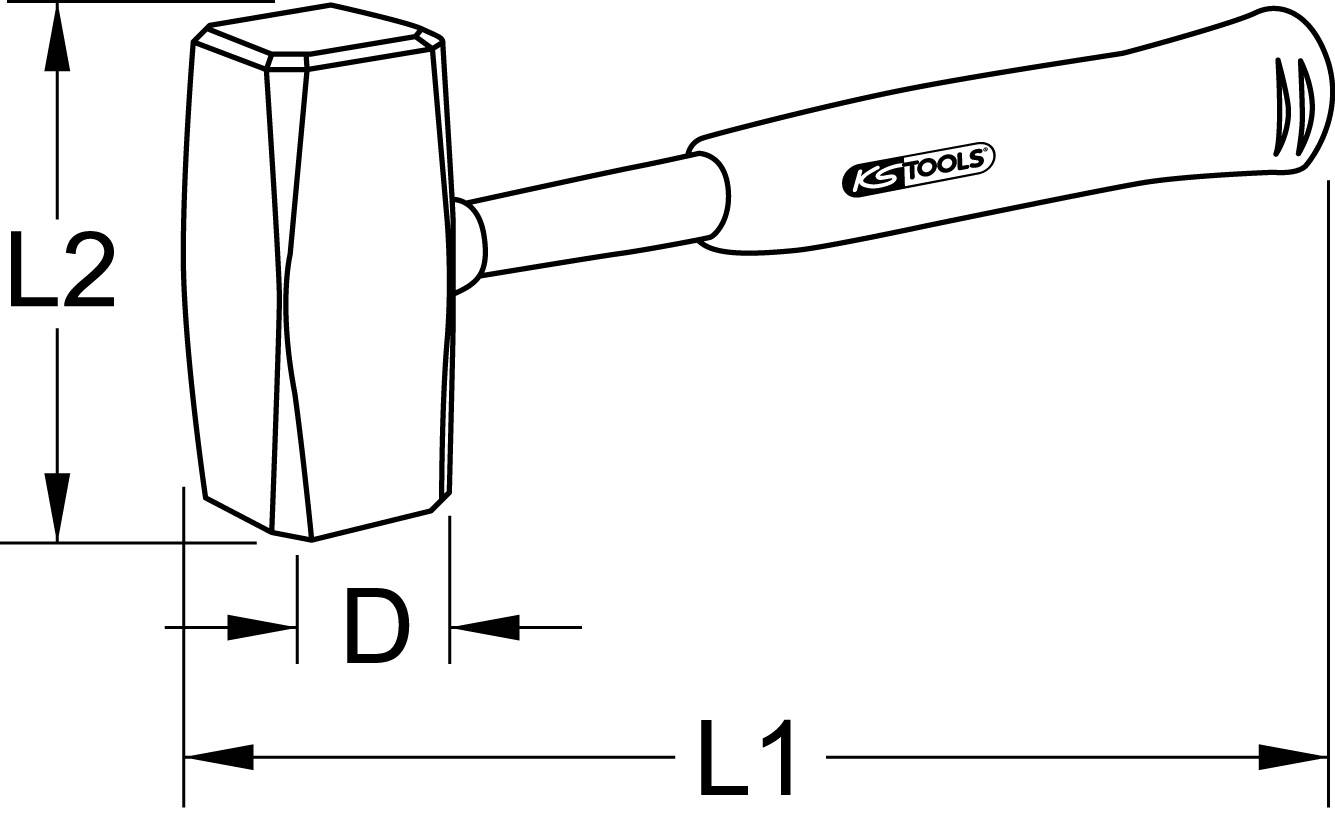 Technical drawing of a hammer with dimensions: L1 denotes the overall length, L2 the height of the hammer, D the width of the head.
