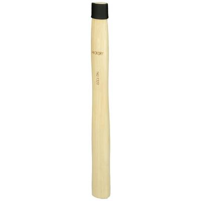 A wooden hammer handle made of hickory wood with a black cap at the top is shown.