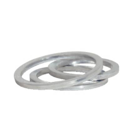 Three silver metal rings lying on top of each other; could be sealing rings.