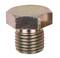 Hexagonal metal bolt with threading, used for fastening or as a closure in mechanical constructions.
