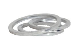 Three interlocking metallic sealing rings on a white background.