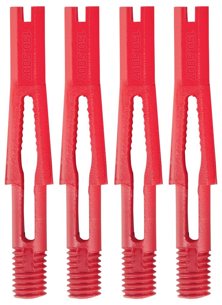 Four red plastic wall plugs, standing upright side by side, with screw thread and ribbed shaft.