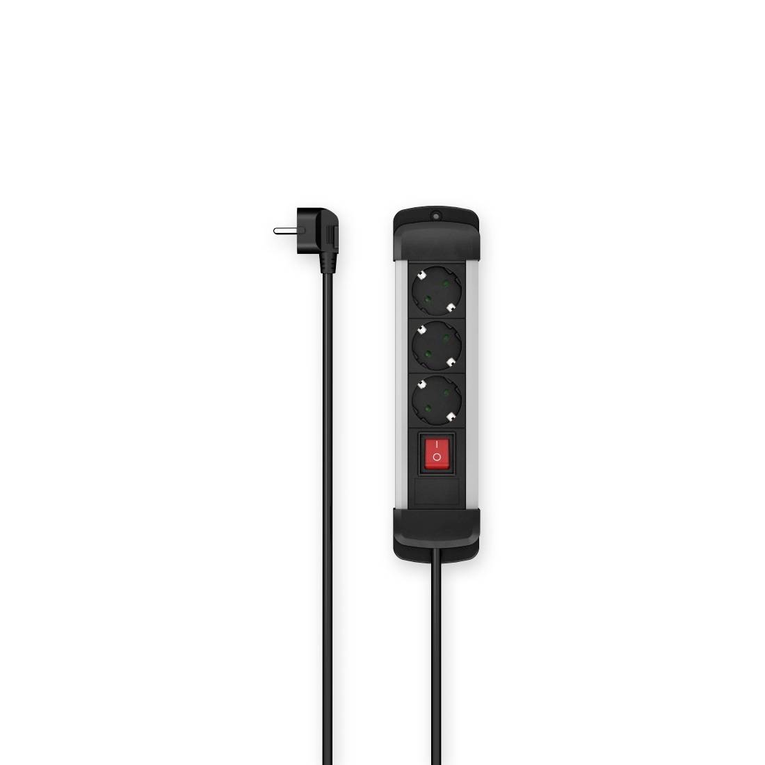 Black power strip with three sockets and a red power switch, connected to a cable, side view.