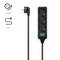 Three-way power strip with a green on/off switch. Cable is 1.4 metres long and the plug is rotatable by 45 degrees.