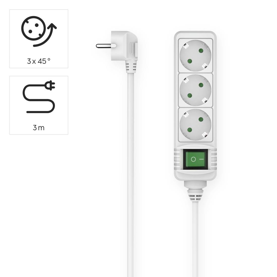 Four-way extension socket with green switch and 3-metre cable. Suitable for plugs with 3 x 45° rotation.