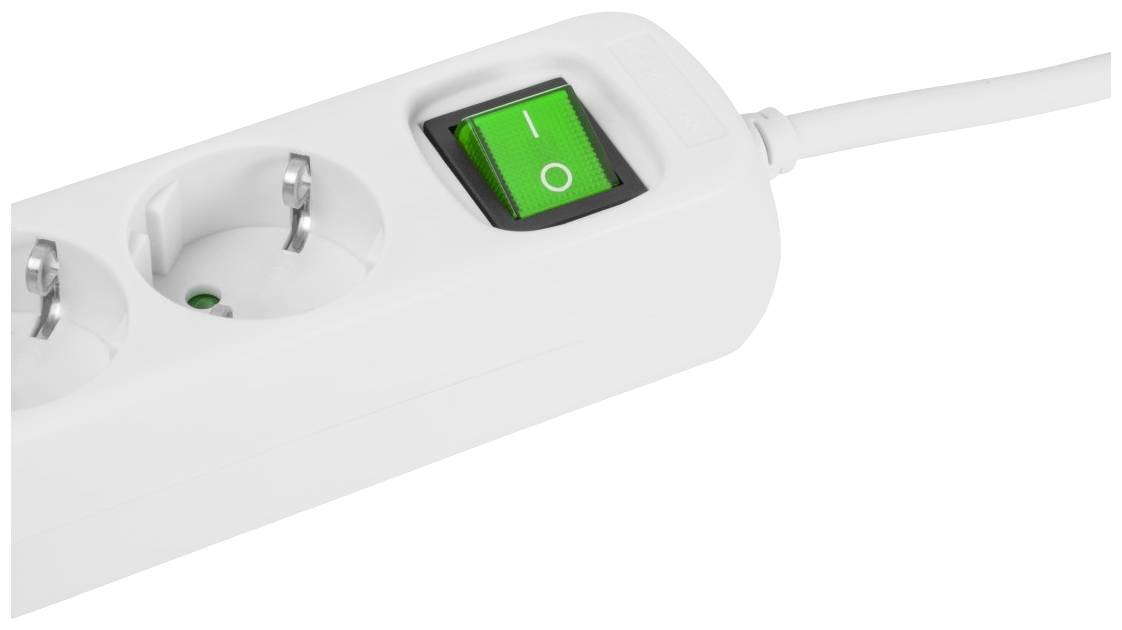 A white multi-socket adaptor with an on/off switch. The switch is turned on and glowing green.