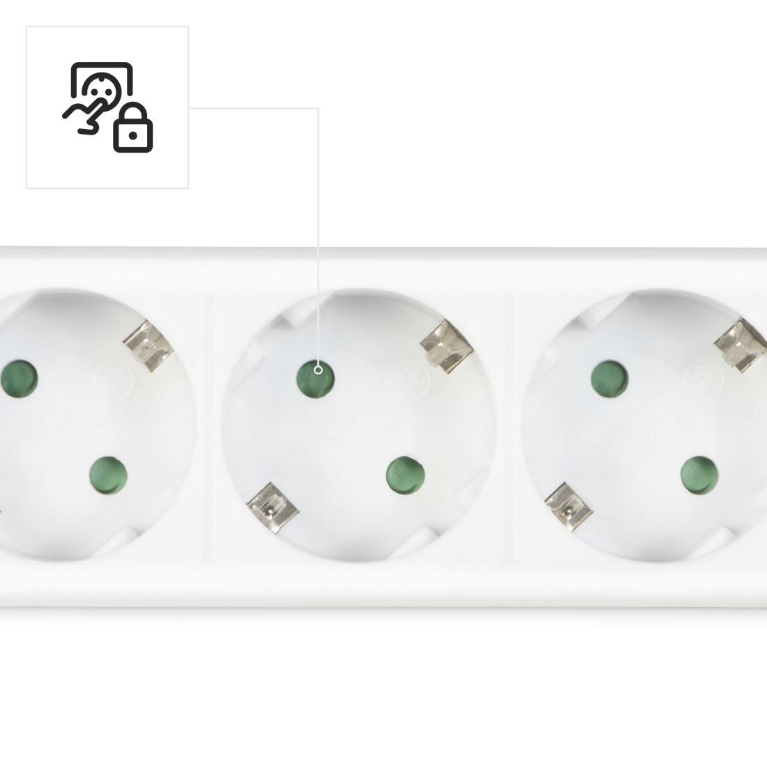 The 'Child-safe' symbol above a power strip indicates that the sockets are equipped with child safety covers.