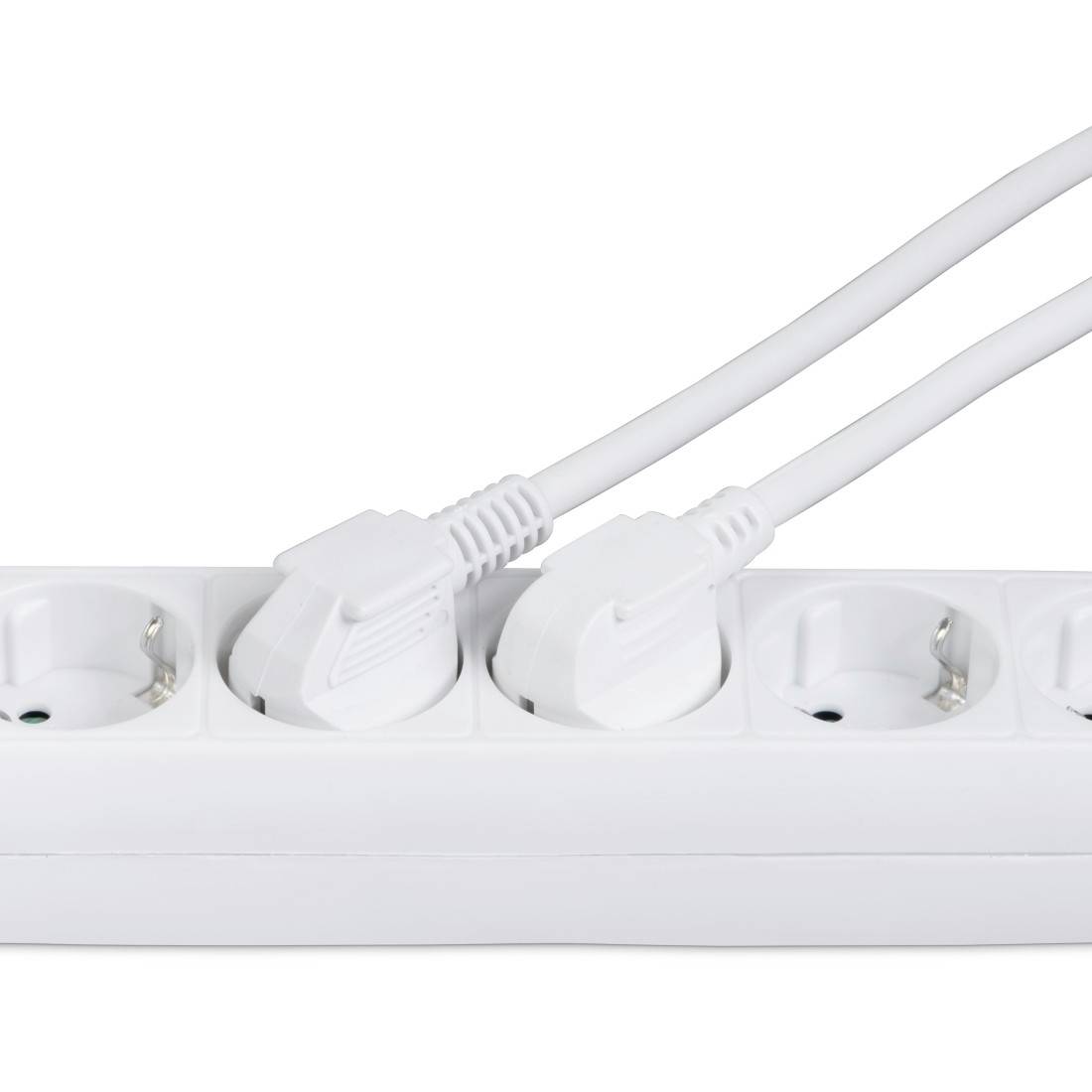 A white multi-socket adaptor with two cables plugged in, with empty socket slots beside them.