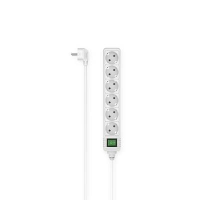 A white six-socket extension lead with a cable. A switch is located at the bottom end of the power strip.