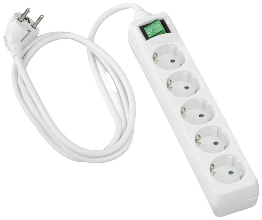 A white power strip with five socket outlets and a connection cable. A green on/off switch is visible.