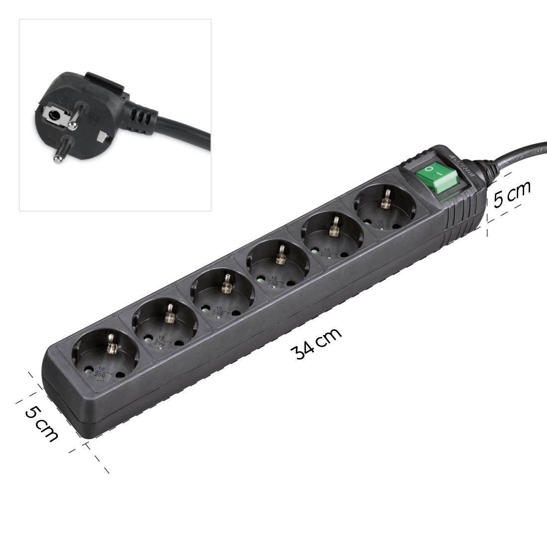 Six-way extension socket with a green switch. Dimensions: 34 cm x 5 cm. Close-up of a plug at the top left.