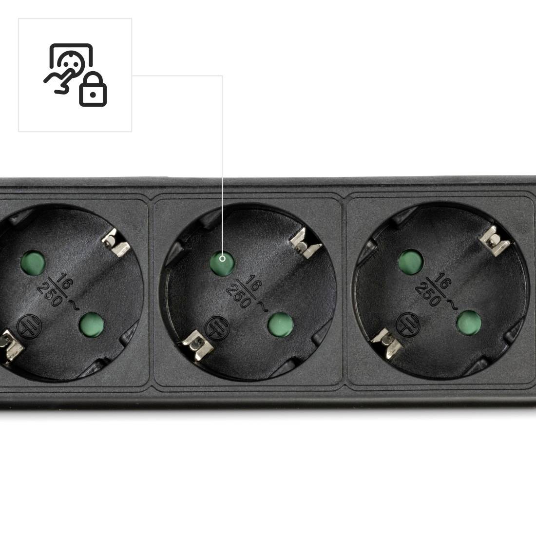 'Three black power sockets with earth connection, with a graphical indication of safety lock functionality.'