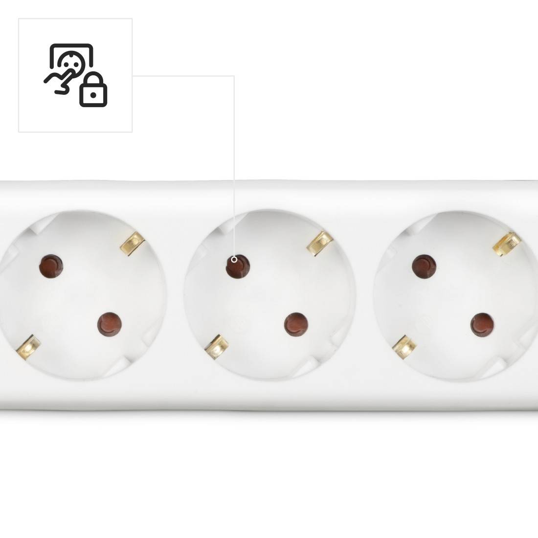 'Three electrical sockets in a row, with a child safety symbol in the top left corner.'