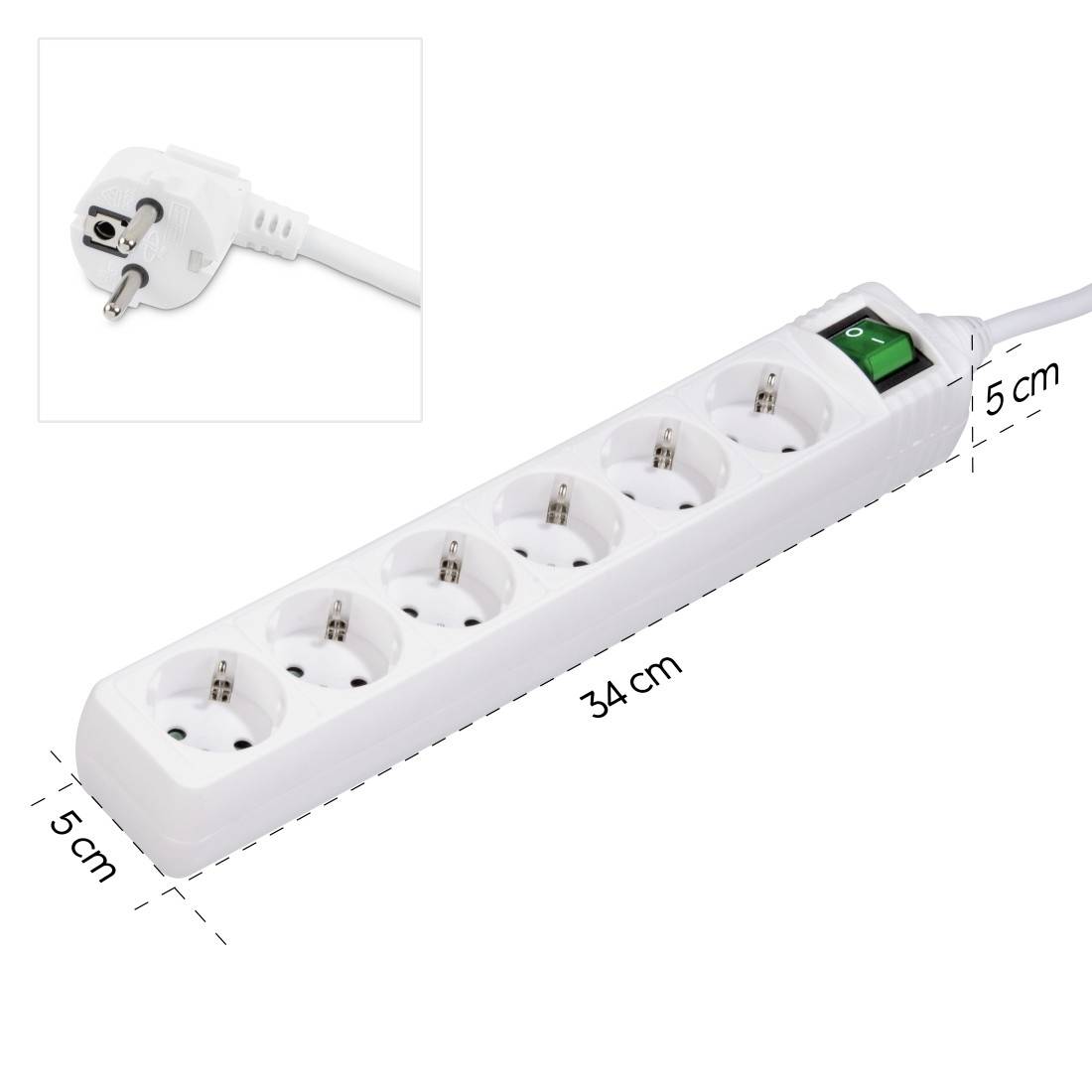 Six-way Power Strip with On/Off Switch, white. Dimensions: 34 cm x 5 cm x 5 cm. Includes an illustration of the plug.