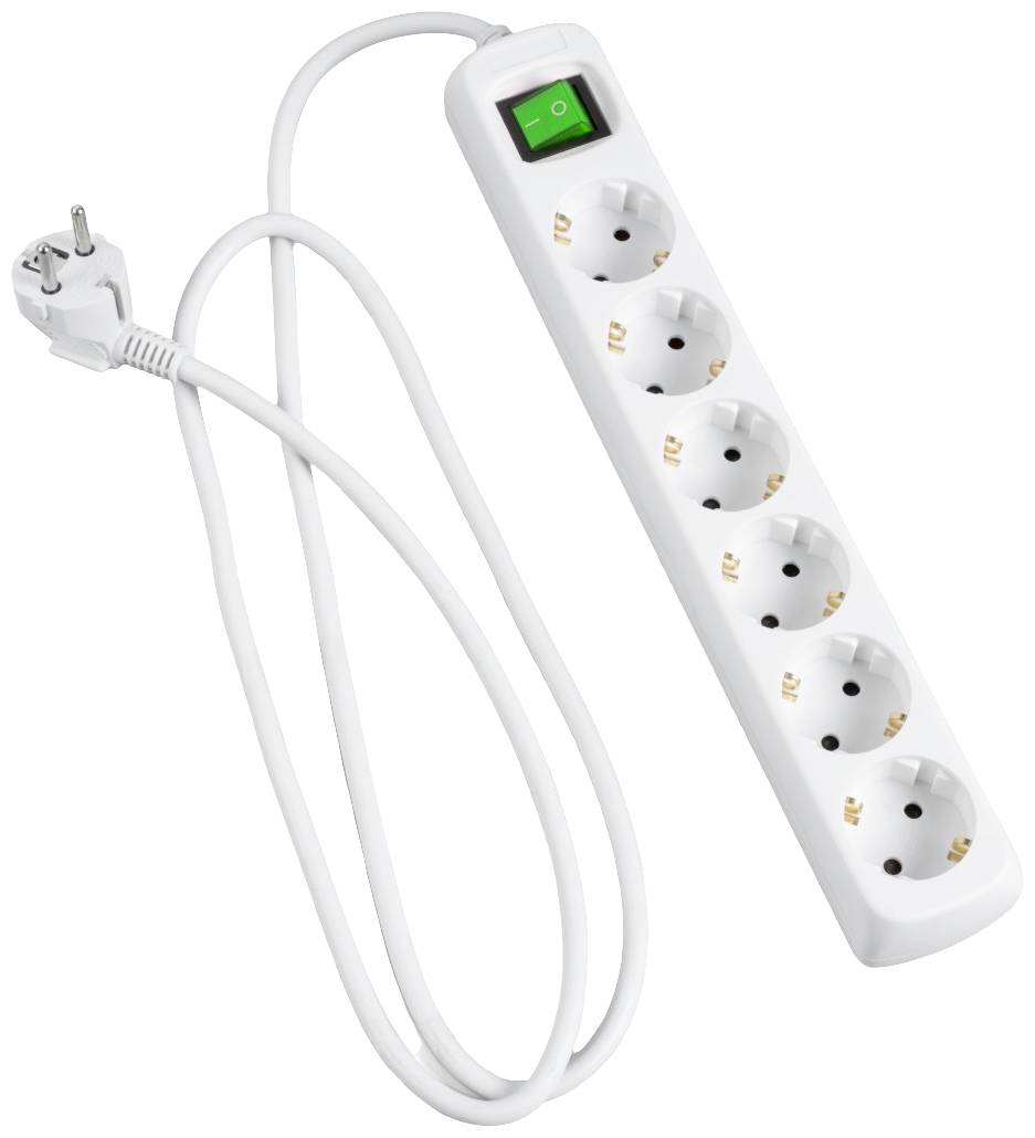 'White six-socket extension lead with an on/off switch, connected via a cable and fitted with an EU plug.'