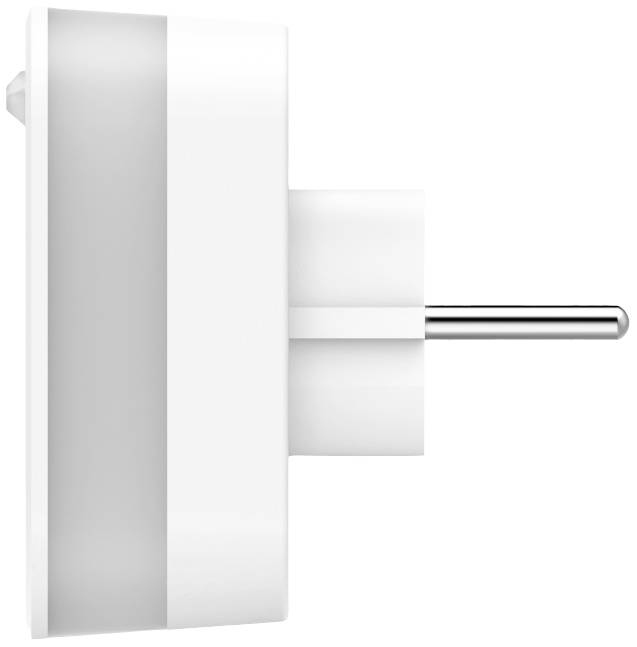 A white electrical socket shown from the side, mounted on a wall.