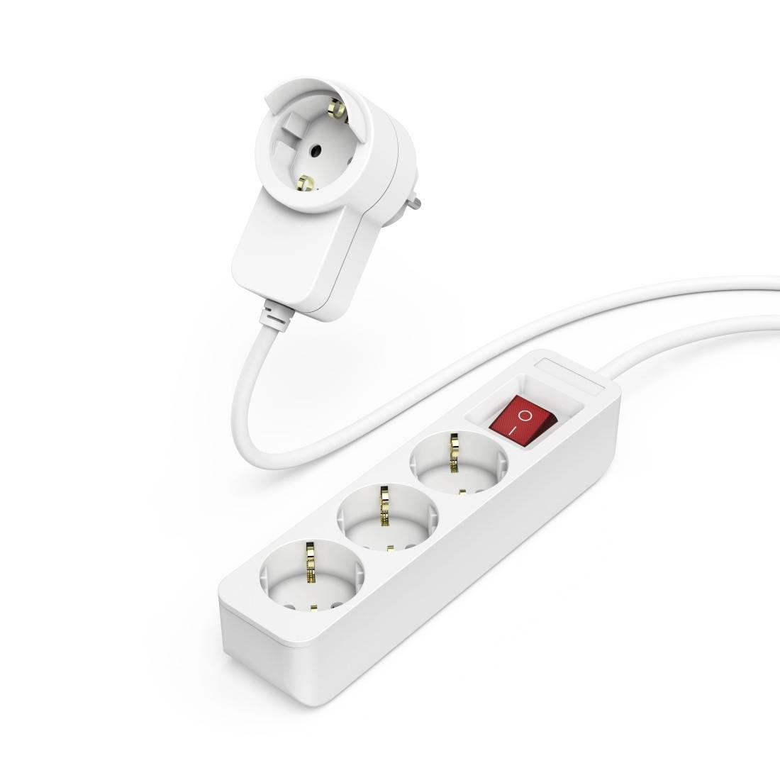 Three-way socket strip with switch and white plug, suitable for European plugs.