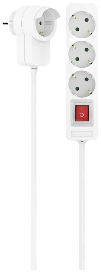 Four-way power strip with integrated power switch and long cable for household appliances.