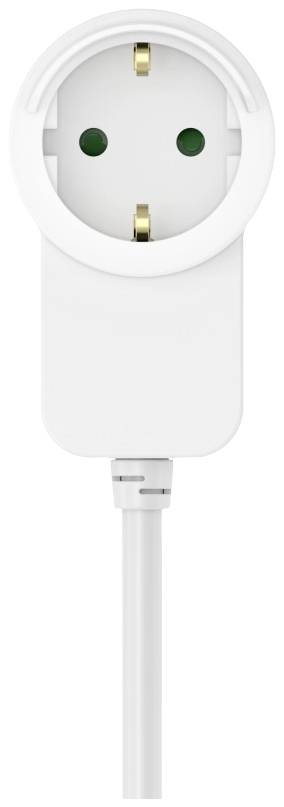 White power strip with a plug inserted into a round socket. The two holes for the plug prongs are visible at the top.