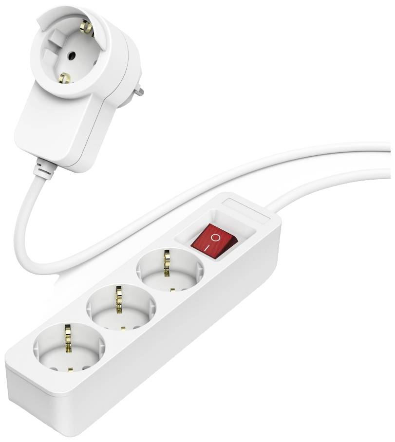 White multi-socket extension with three sockets and a red on/off switch. Cable and power plug are also visible.