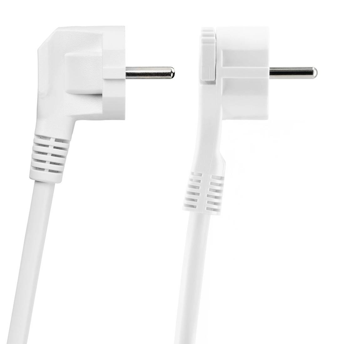 Two white European plugs, one viewed from the front and one from the side, without visible power sockets.