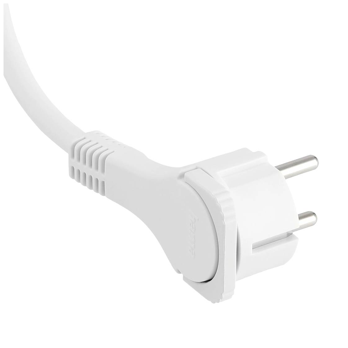 A white EU power plug with an angled cable, showing a European socket. Suitable for electronic devices in the EU.