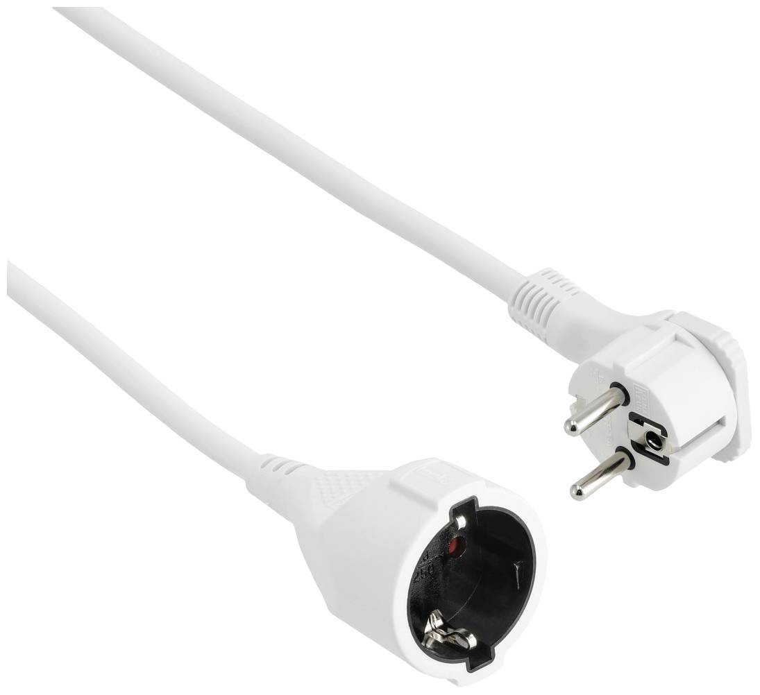 White power extension cable with Schuko plug and socket, suitable for connection to European power outlets.