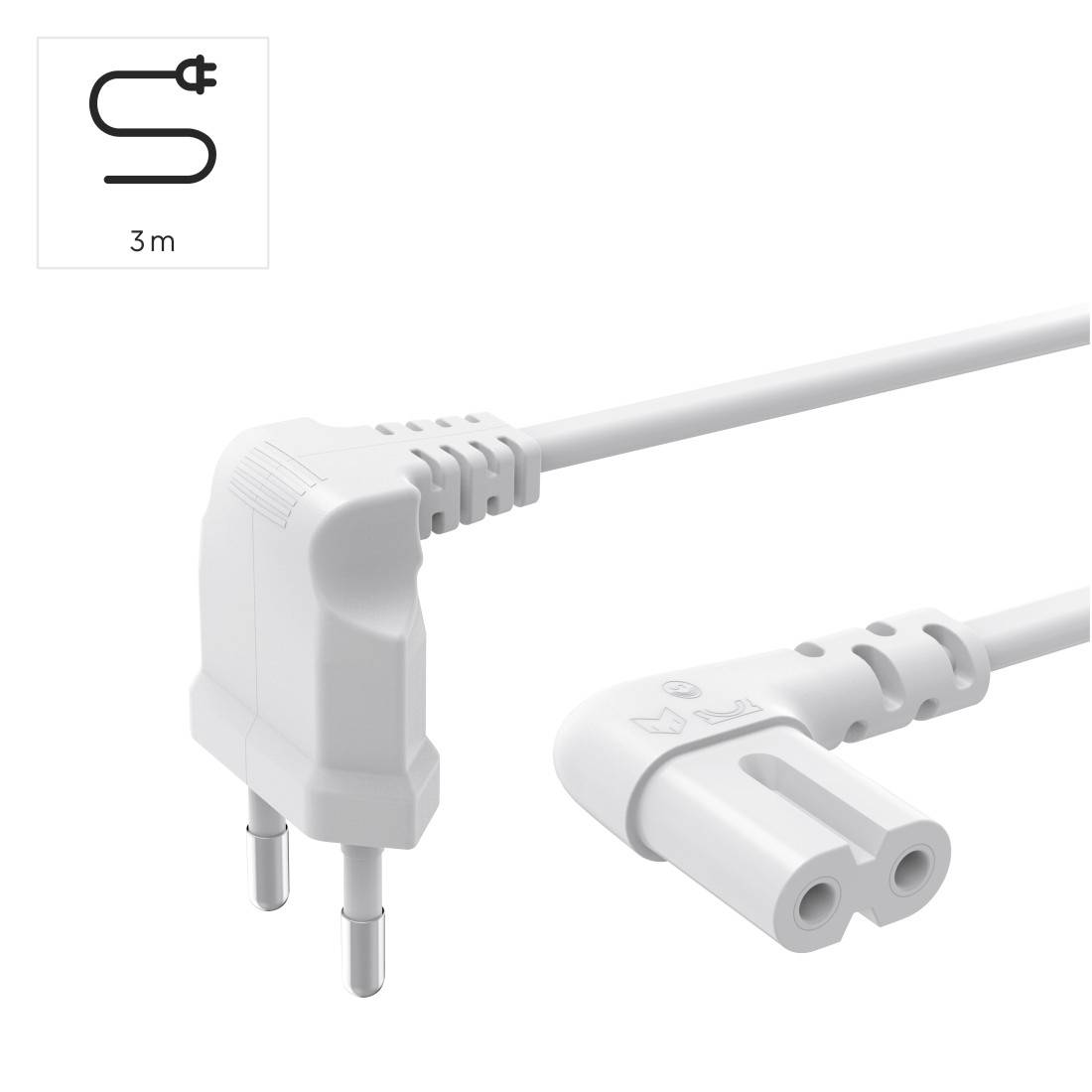Power cable with a length of 3 m, featuring a two-pin European plug and a corresponding socket, suitable for standard devices.