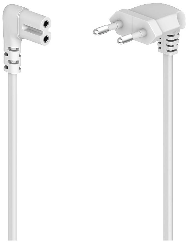 Pictured is a white power cable with two different plugs: a Europlug and a cloverleaf plug for household appliances.