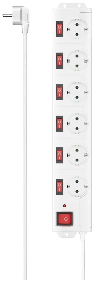A white six-socket power strip with individual switches and a long mains cable.