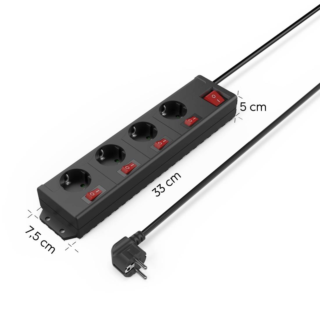 Black power strip with four sockets, each with an on/off switch. Length: 33 cm, Width: 7.5 cm, Cable: 5 cm long.