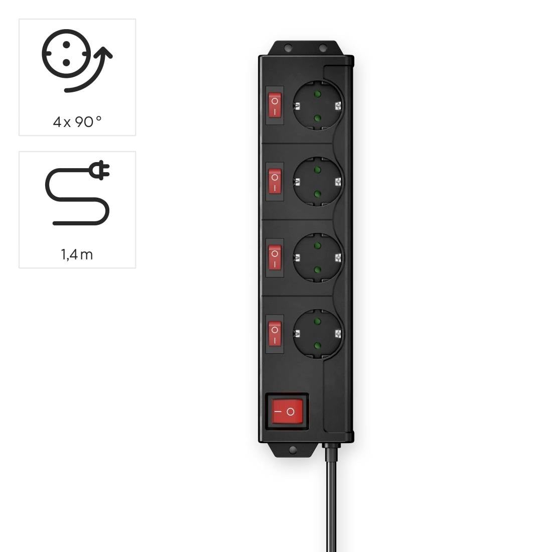 'Four-way power strip with individual switching capability for each socket; 1.4 m cable length; sockets rotatable by 90 degrees.'