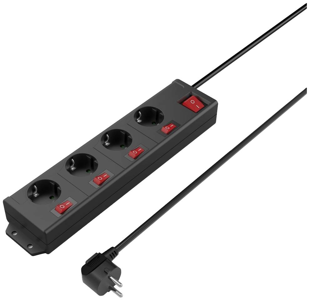 A black power strip with four sockets and illuminated switches, connected to a long power cable.