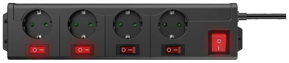 A black power strip with four Schuko sockets, all featuring red rocker switches, and a main switch on the right.