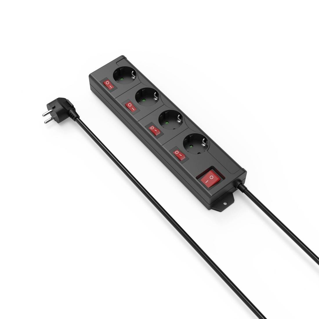 A black power strip with five Schuko sockets, individually switchable, and a cable with a plug on the left side.