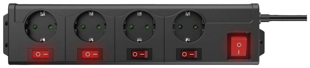 A black power strip with four socket outlets, each with an individual switch. An additional red master switch is visible on the right.