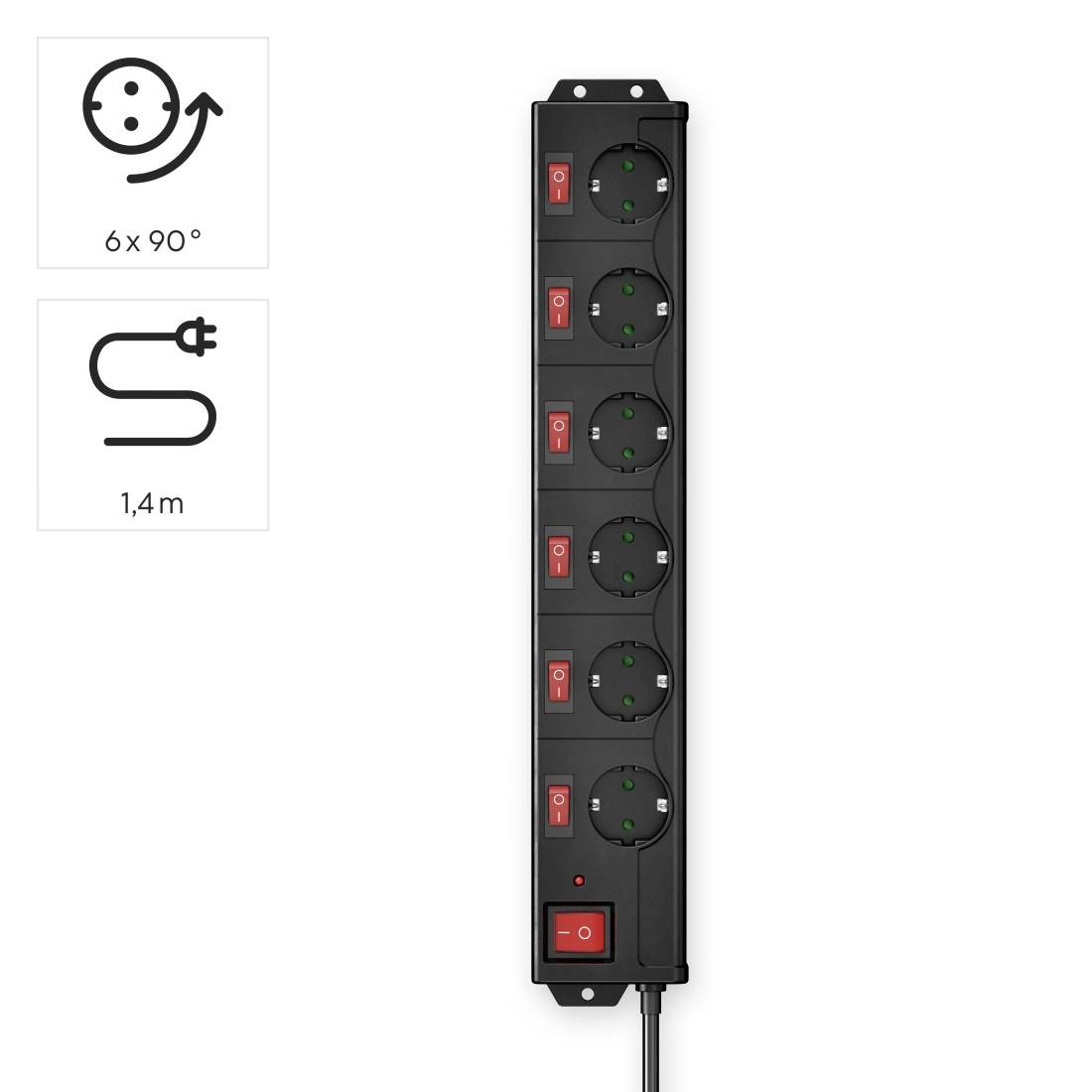 Six-way socket extension with individual on/off switches and a 1.4 metre long cable. Suitable for flexible positioning.