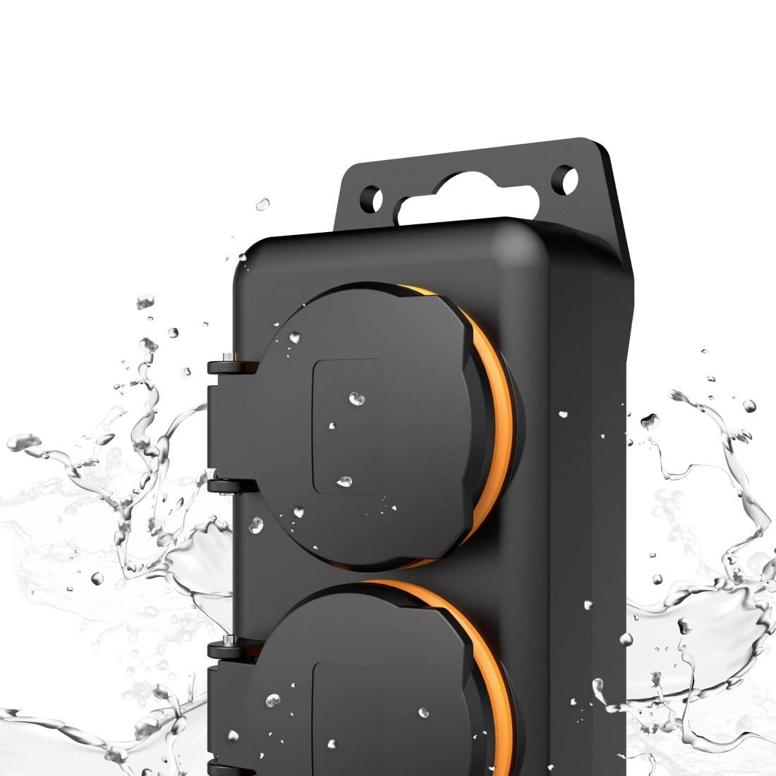 Splash-proof socket, suitable for outdoor use. Robust and with a protective black cover.