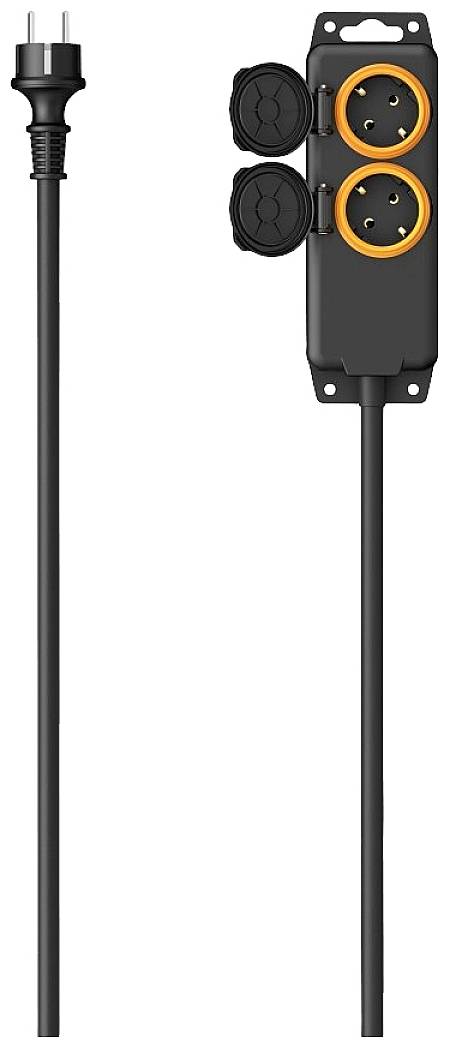 A black power strip with two orange-bordered socket outlets and protective covers, suitable for indoor and outdoor use.
