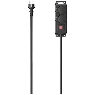 Black power strip with two sockets and a red on/off switch, connected to a long, black mains cable.
