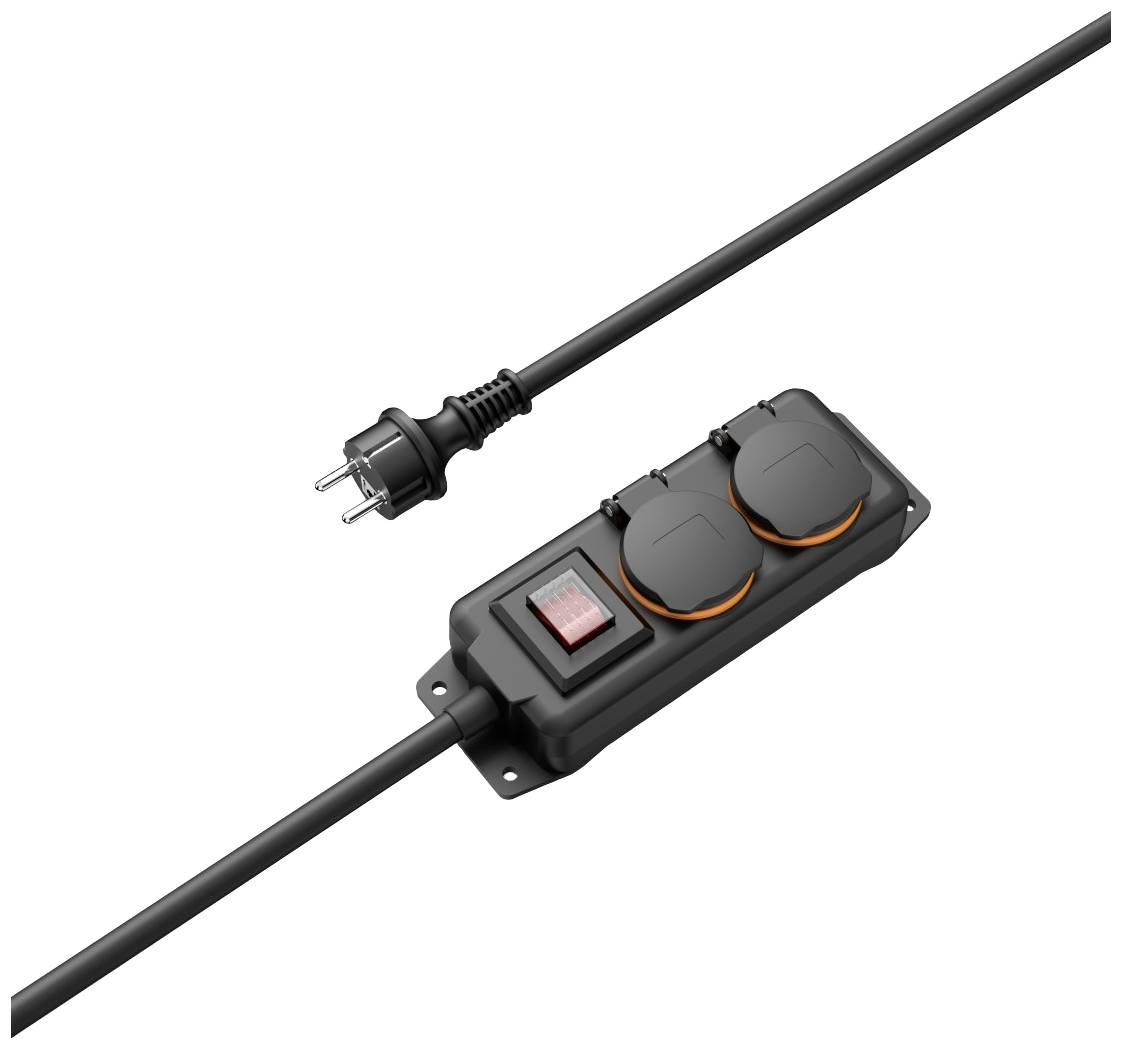 Black power strip with two sockets and a red switch. Connected via a black cable with a plug for mains electricity.