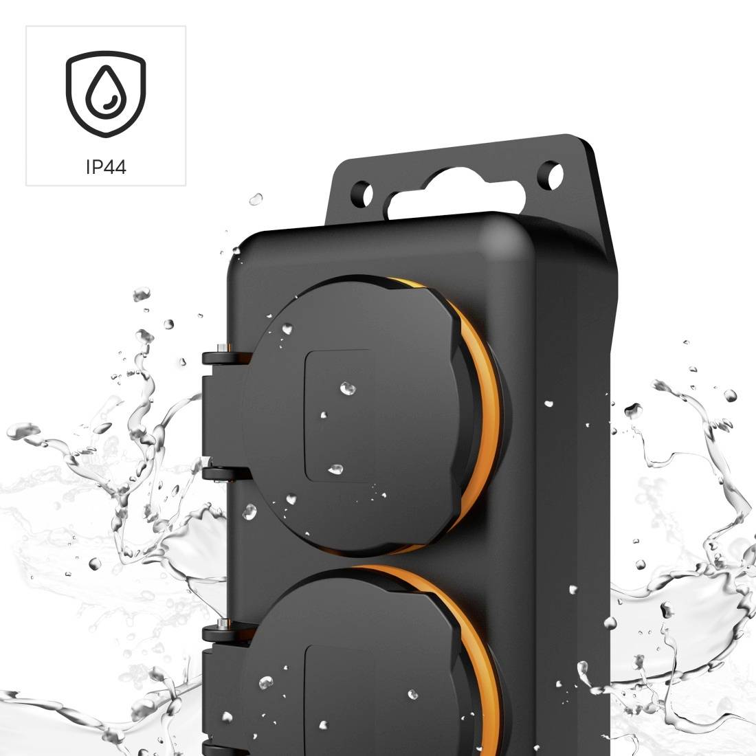 Two splash-proof sockets with IP44 protection class and an orange ring, surrounded by water splashes.