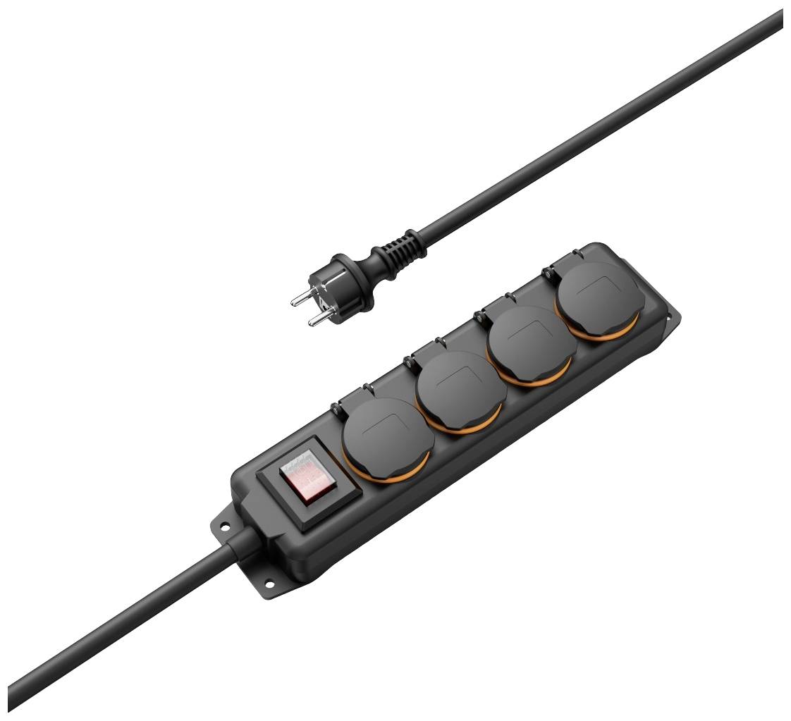 Black multi-socket extension with four outlets, protective covers, and on/off switch, connected to a power cable.