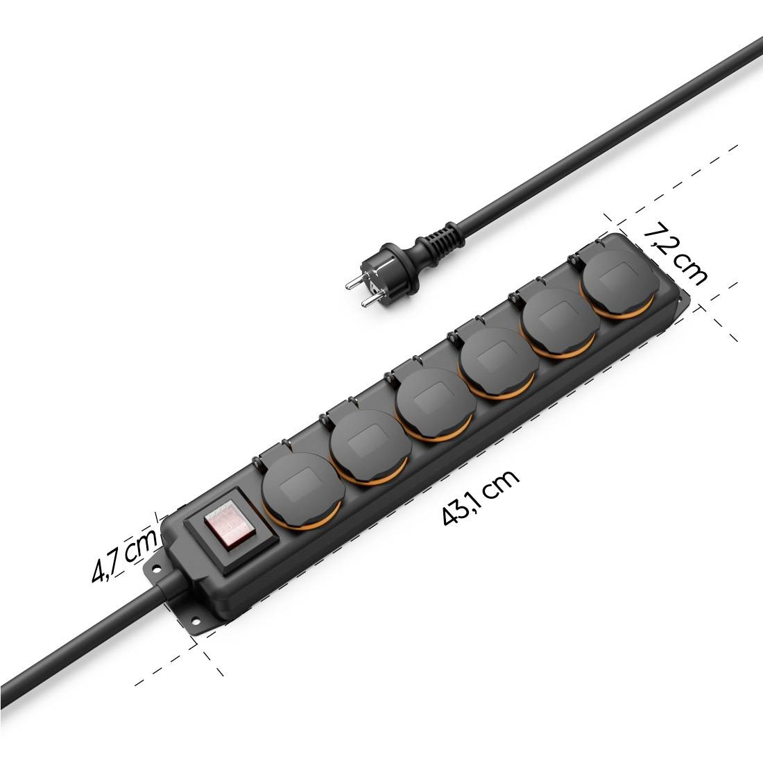 Black power strip with six socket outlets and a red switch. Dimensions: 43.1 cm long, 7.2 cm wide, 4.7 cm high.