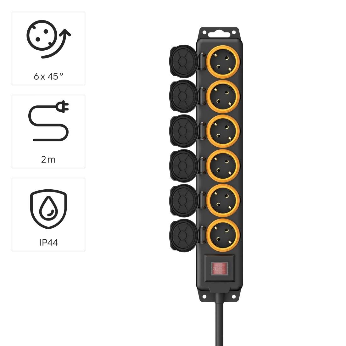 'Powerstrip with 6 sockets, 2 metre cable, IP44 protection. Orange-rimmed sockets, switch located on the underside.'