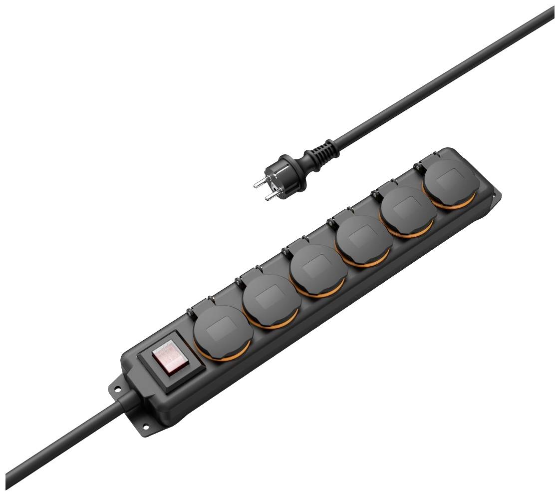 Six-way black socket strip with protective cover and red toggle switch.