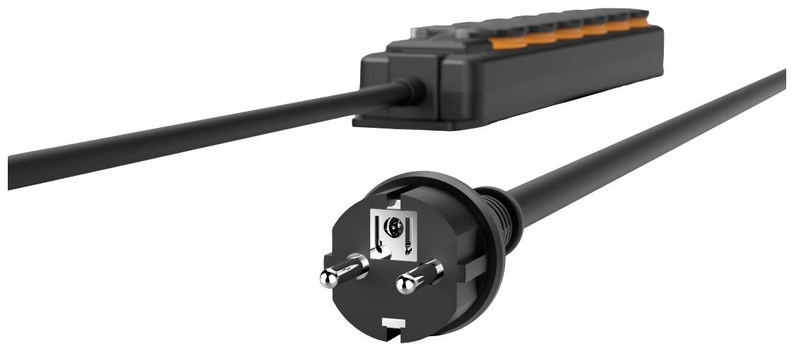 Close-up of a black Schuko plug with an extension lead and a power strip connected to it, featuring orange details.