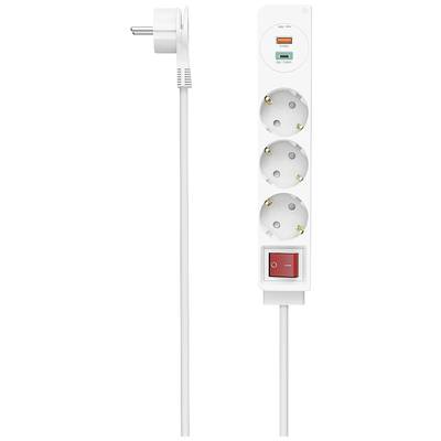 White multi-socket extension with four plug sockets, two USB ports and one USB-C port. Power switch located at the bottom.