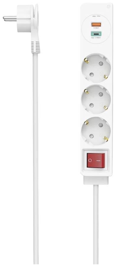 White power strip with three plug sockets, two USB ports, and a red power on/off switch.
